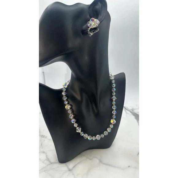 Vintage Crystal Aurora Borealis Necklace  Matching Clip On Earrings Set … - Picture 2 of 14
